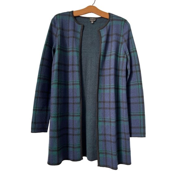 Talbots Black Watch Plaid Merino Cardigan Sweater Long Women XS Blue Green Black - Picture 1 of 6